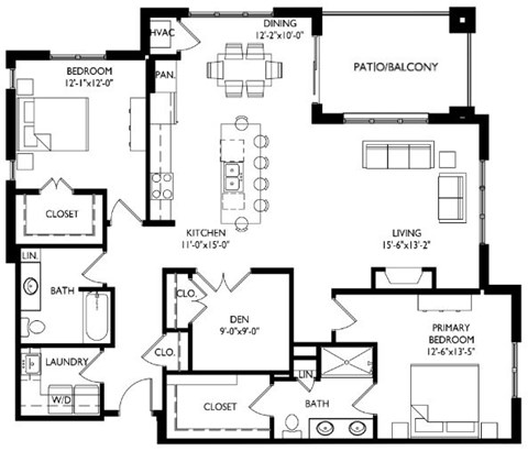 Floor plan for 2 beds, 2 baths, 1607 sqft